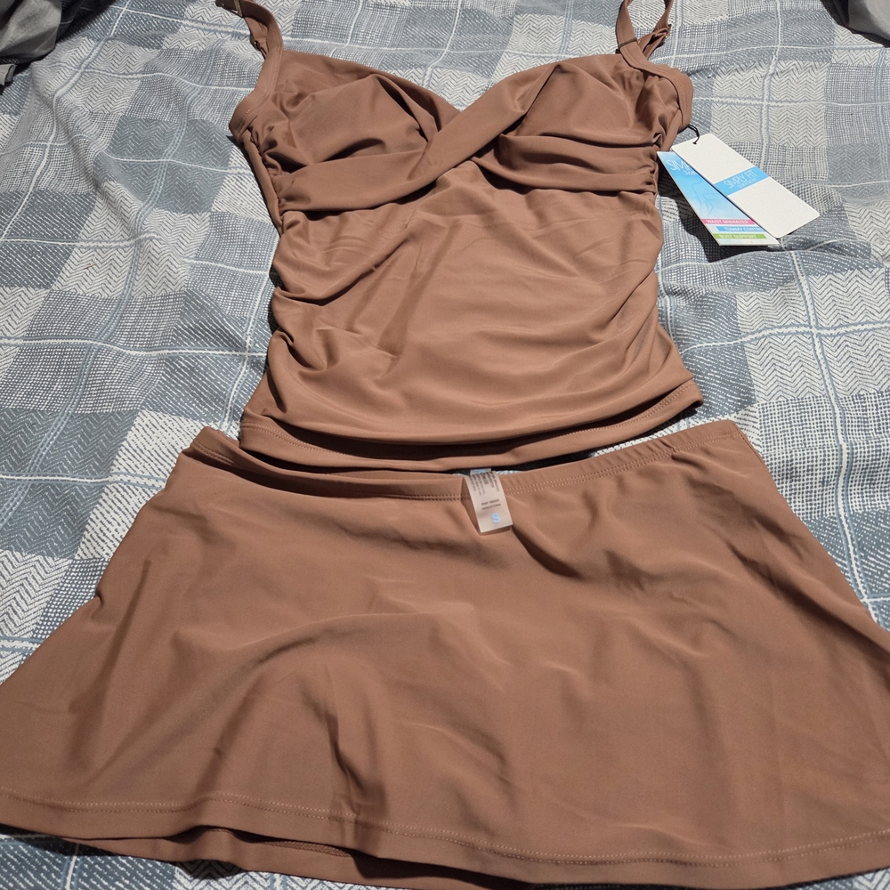 Nwt Simply Fit Brown Adjustable Straps Tankini With Skirt Bottoms Size Small